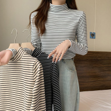 条纹打底衫半高领简约德绒保暖内搭长袖韩版秋冬百搭上衣保暖衣女