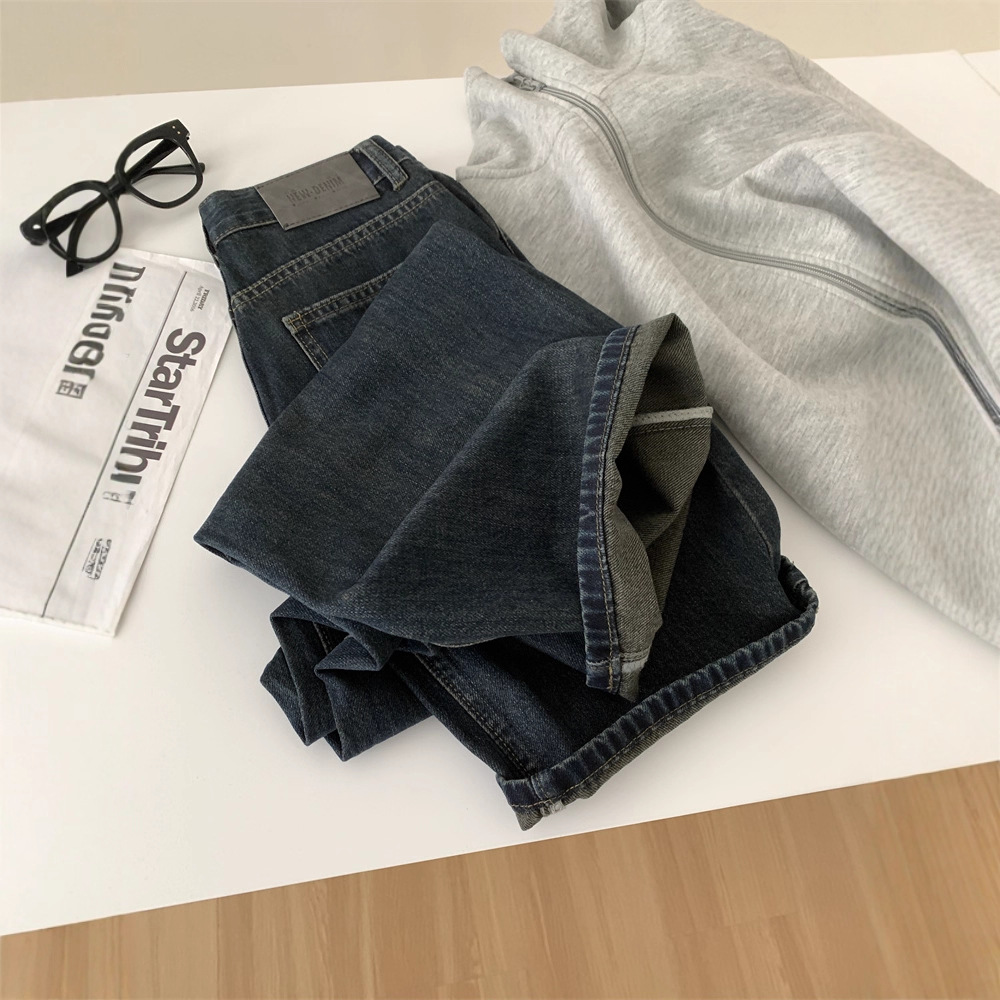 American Retro Dark Blue Distressed High-Waisted Jeans for Women, Loose Wide-Leg Long Pants, Straight-Leg Pants, 2026 Spring and Autumn New Style