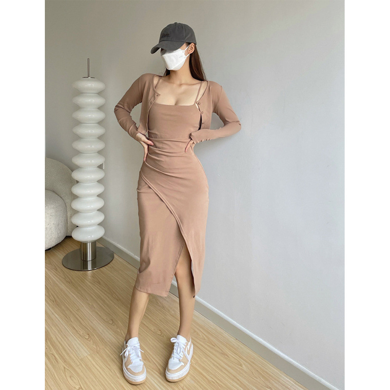 European and American Retro Sexy Slim-Fit Long-Sleeve Cardigan Camisole Dress Two-Piece Set Bodycon Long Dress Pure Desire
