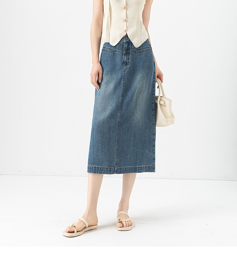 Váy denim Tencel nữ cạp cao chữ A dài vừa phải — đen chi tiết 2