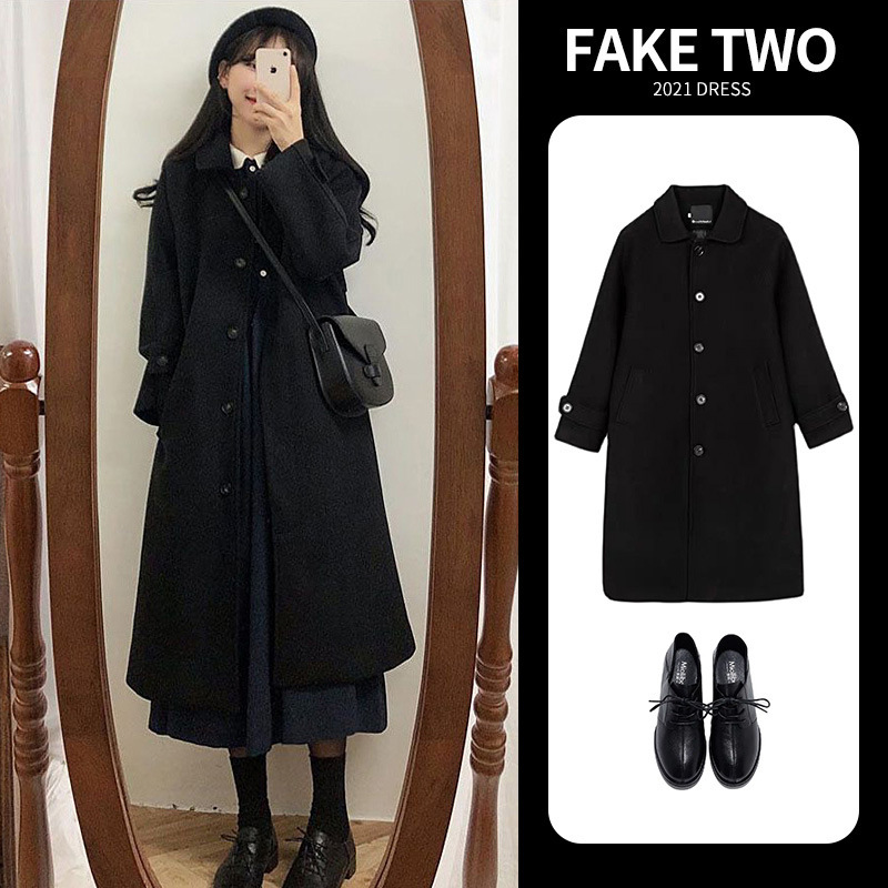 Women's Coat 2025 New Style Mid-Length Trench Coat Petite Hepburn Style Black Woolen Coat for Women Autumn and Winter
