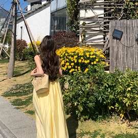 【原版做法】海边度假风黄色吊带连衣裙女夏季宽松休闲沙滩裙仙女