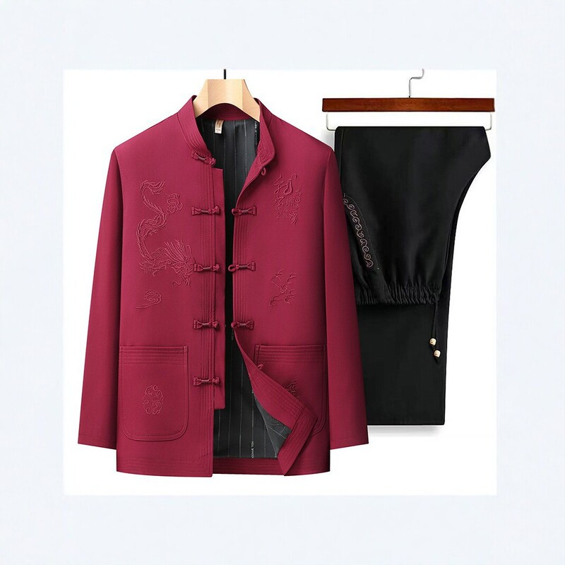 Middle-aged and elderly men's Tang suit set, spring, autumn, and winter styles, Chinese-style buttoned jacket, fleece-lined and thickened, suitable for dads and grandpas