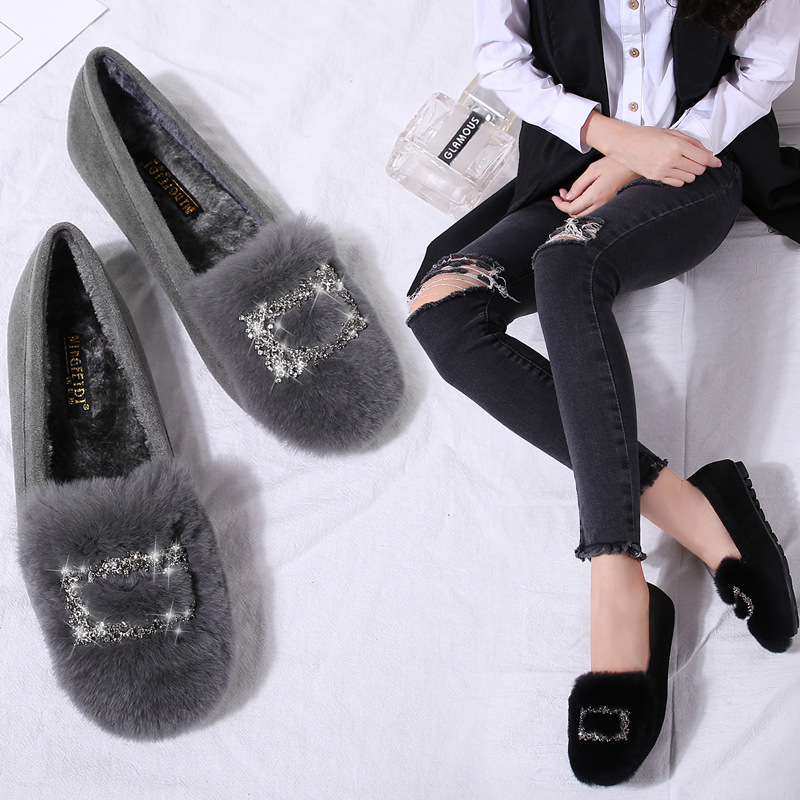 Mocasines de piel de conejo zapatos de felpa forrados de lana para mujer invierno 2023 nuevos zapatos de algodón cálido zapatos planos de mujer talla grande 41-43