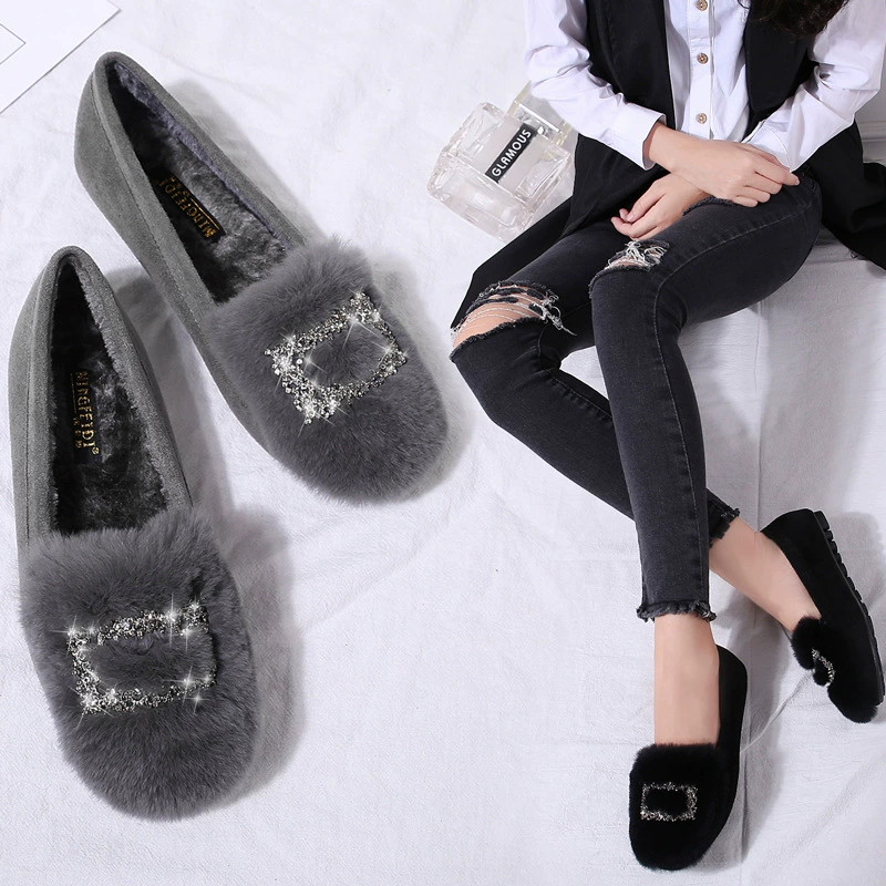 Обувь из меха кролика, женская меховая обувь на флисовой подкладке, зима 2023, новая теплая хлопчатобумажная обувь, женская обувь на плоской подошве больших размеров 41-43