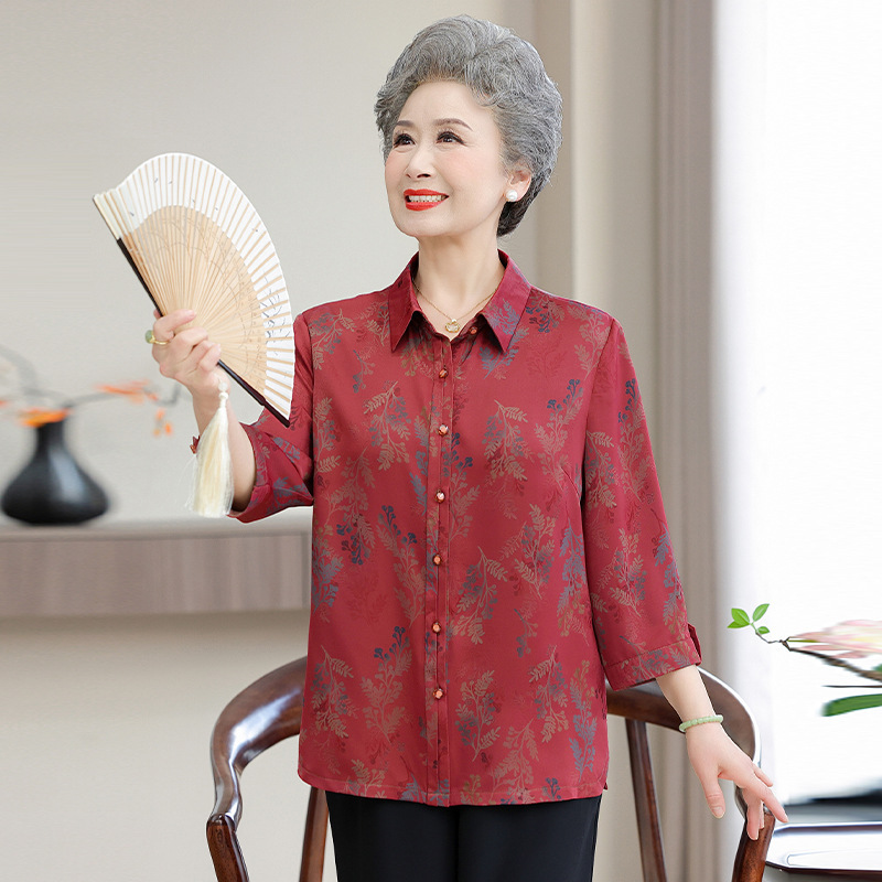 Grandma's Summer Silk Shirt, High-End Middle-Aged and Elderly Mother's Thin Mulberry Silk Top, New Mother's Shirt