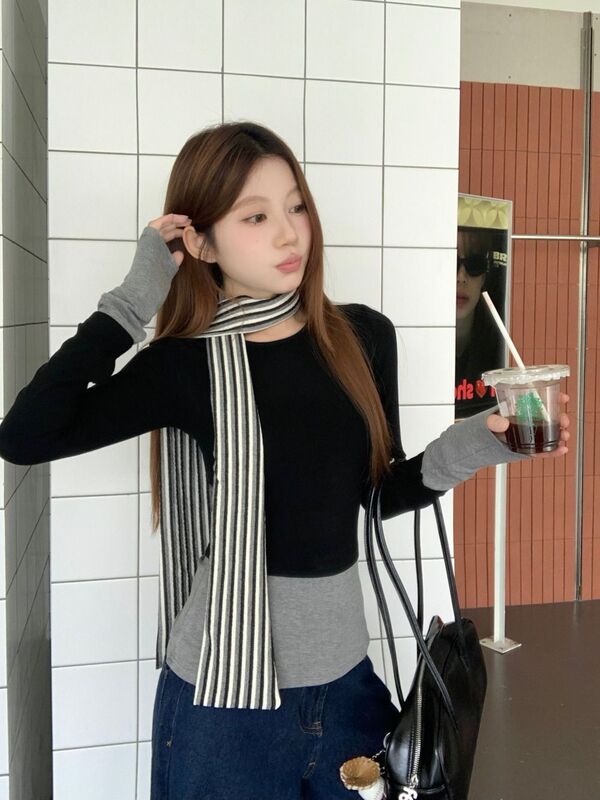 气质假两件撞色拼接长袖女设计感条纹围脖绑带修身显瘦打底衫上衣|undefined