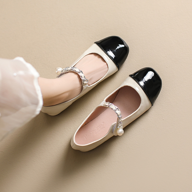 166-3 포도 엄마 같은 스타일 라운드 발가락 컬러 매칭 원 버튼 진주 체인 프렌치 플랫 힐 여성용 메리 제인 슈즈