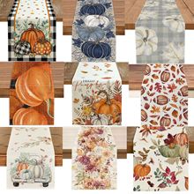 秋季跨境新款感恩节餐桌装饰桌旗格子南瓜火鸡亚麻印花枫叶桌布