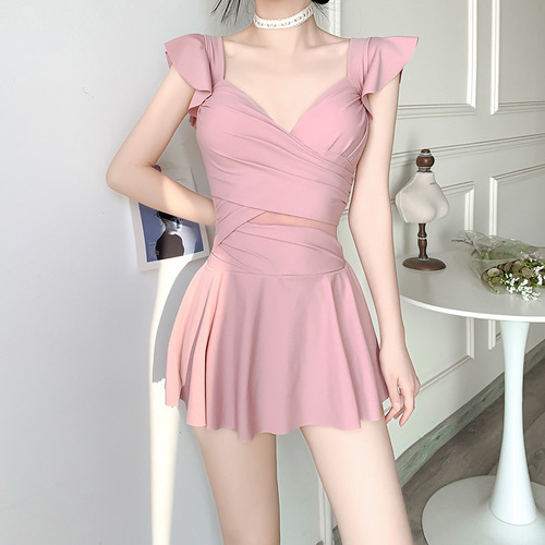 One-piece swimsuit for women, summer pure lusty style, conservative skirt style, belly-covering, slimming, small breasts push-up, hot spring swimsuit