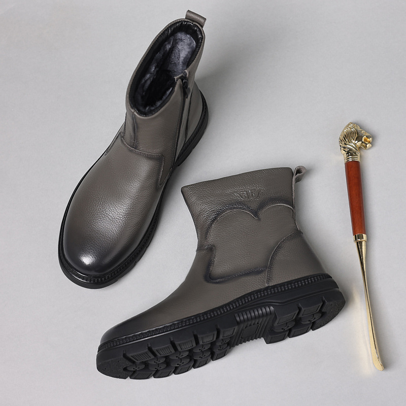 Invierno primera capa piel de vaca de los hombres zapatos de algodón de cuero de lana al aire libre forrado de lana caliente zapatos de cuero de caña alta botas de nieve zapatos de los hombres