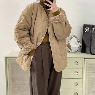 秋冬装新款领拼接羊羔毛羽绒棉服外套女棉衣棉袄韩版纯色上衣