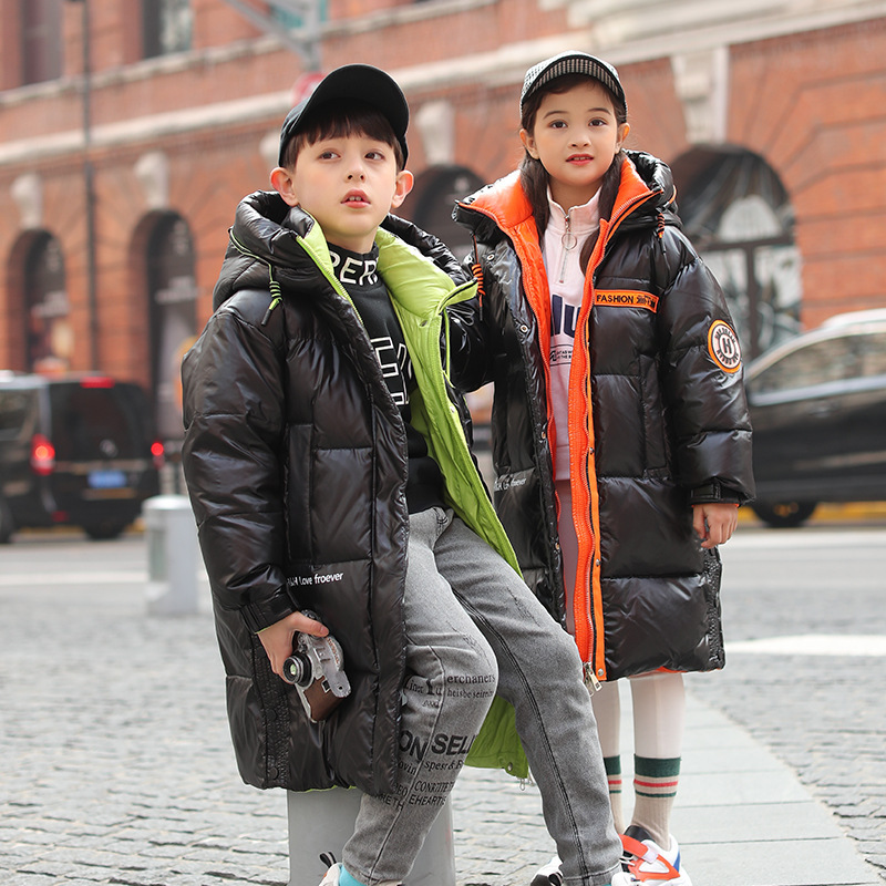 Vêtements pour enfants doudoune mi-longue délavée brillante veste d'hiver au-dessus du genou pour garçons et filles de taille moyenne à grande_voghion.com