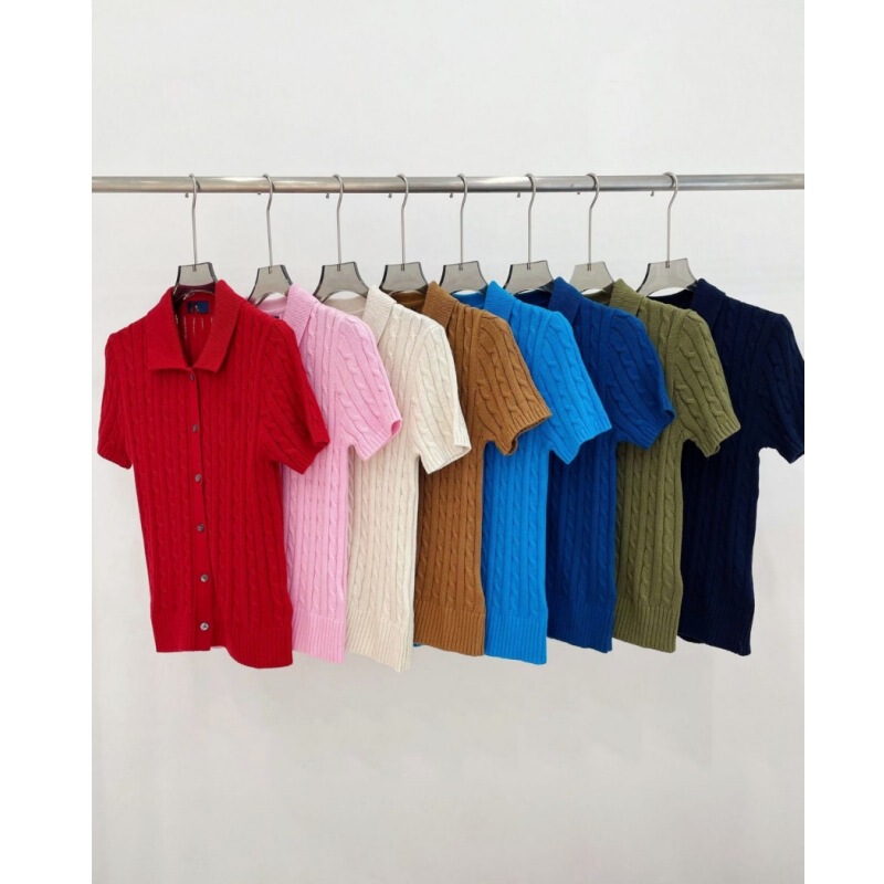 100% Cotton Rl American Style Embroidered Pony Logo Lapel Pure Cotton Coarse Knit Cardigan Short Sleeve Cropped Sweater