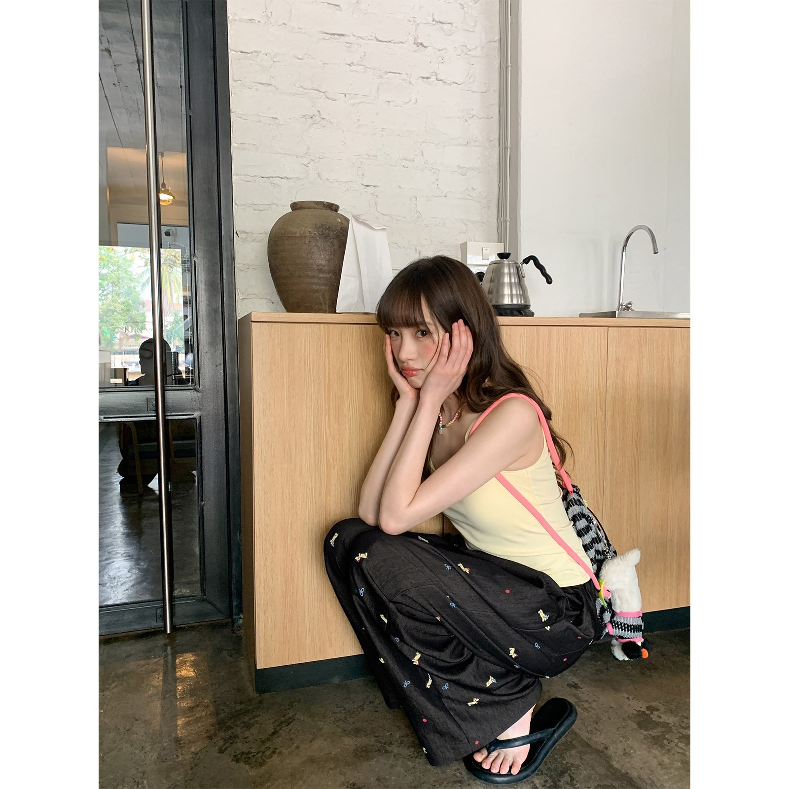 Hello Canon Elastic Waist Puppy Print Casual Pants for Women Summer 2025 New High Waist Slim Straight Pants