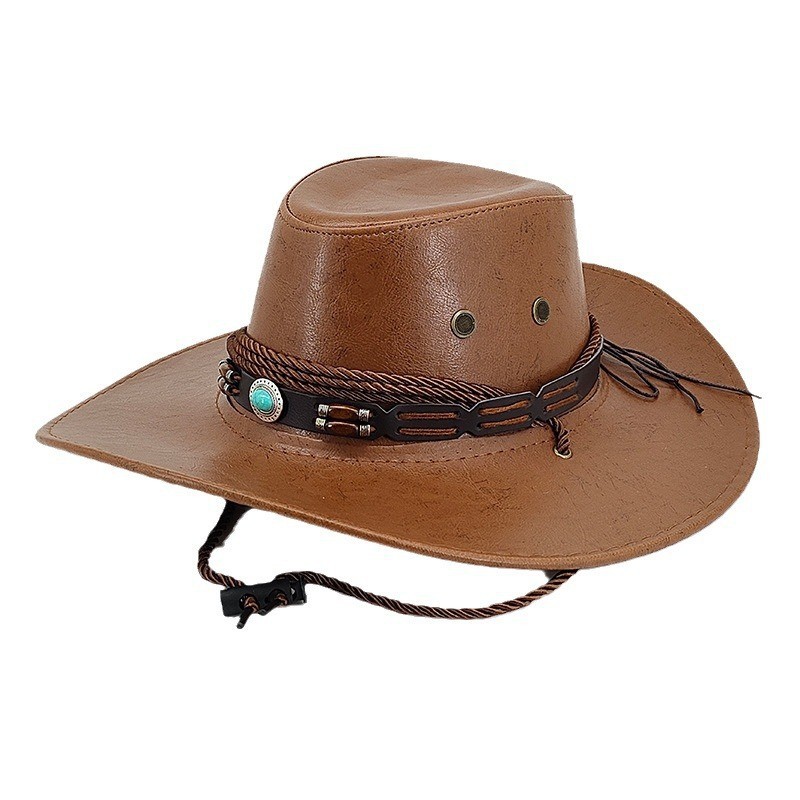 Unisex Ethnischer Windschatten Western Cowboyhut Glänzender Retro Leder Outdoor Sonnencreme Gerollter Ritterzylinder_voghion.com