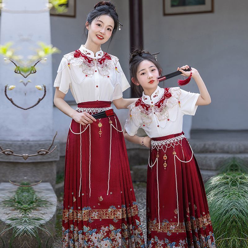 女童马面裙套装春夏新款2025新款儿童新中国风汉服短袖母女亲子装|undefined