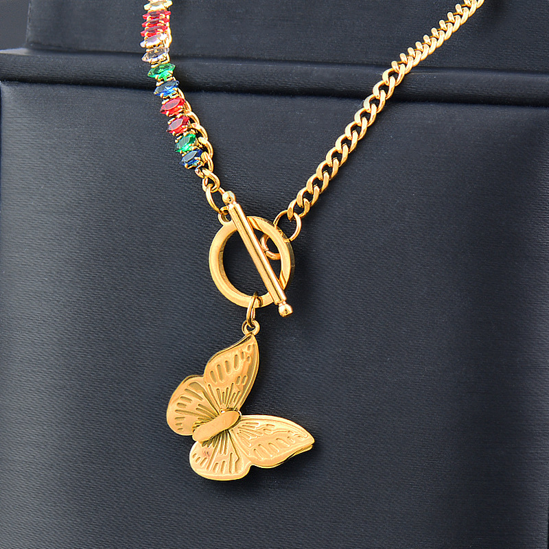 Fashion Butterfly Titanium Steel Inlay Zircon Pendant Necklace 1 Piece