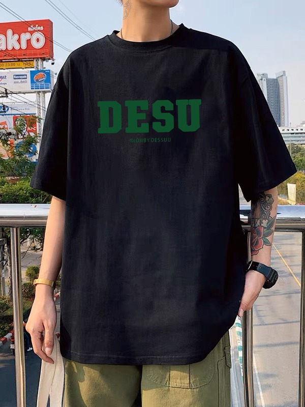 Hong Kong style letter Black Ice Silk couple's men's and women's same round neck short sleeve T-shirt men's fashionable all-match casual top clothes