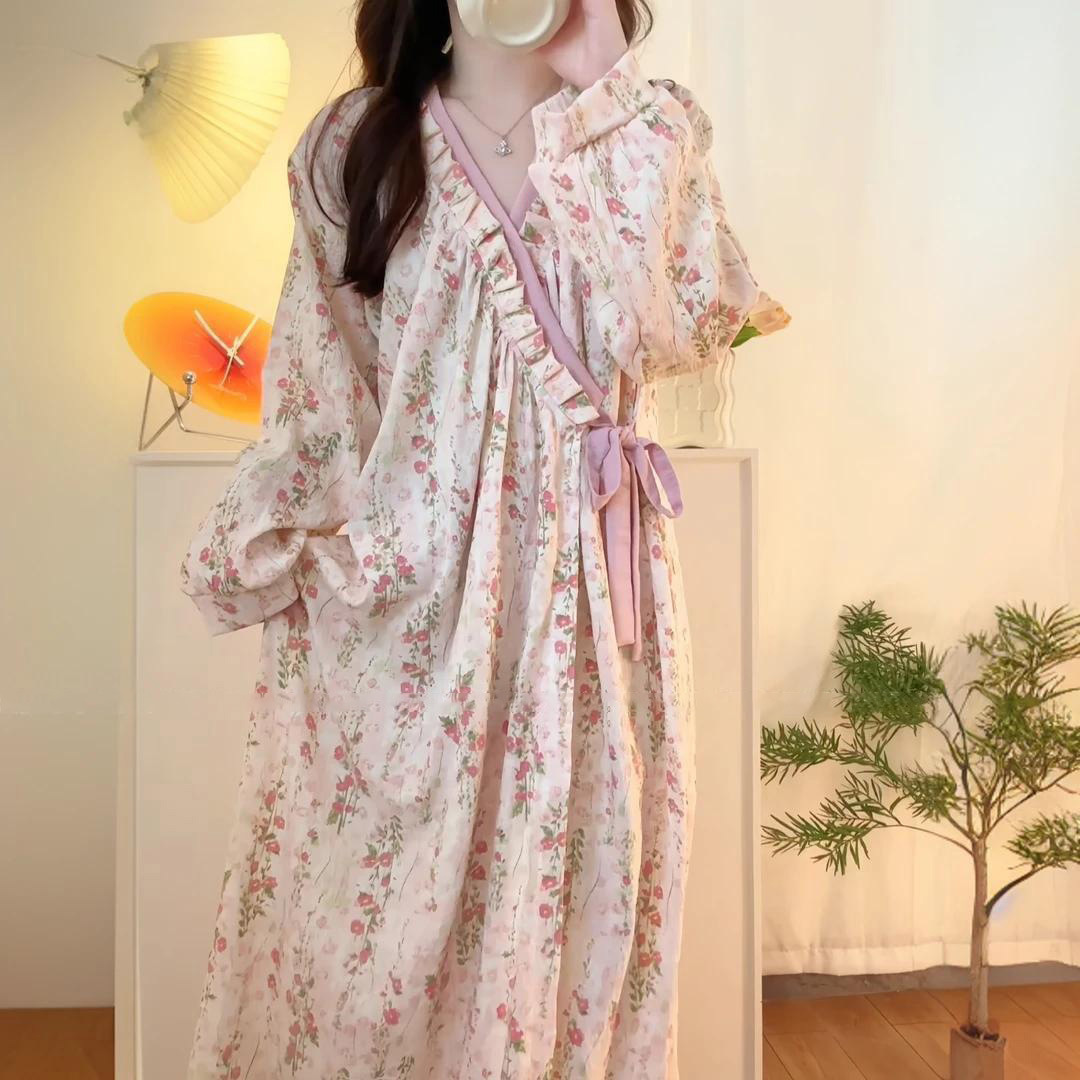 2025 Spring and Autumn New High-end Sense Flower Nightgown Women's Cloud Cotton Long Nightdress Pajamas Bathing Bathrobe Home Clothes