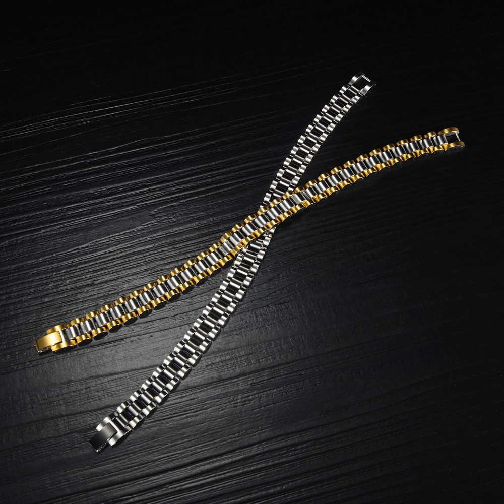 36g Weight Bracelets Classification Business, Travel Occasion Titanium Steel Material Geometric Pattern Men'S Gender Stoving Varnish Design Gold, Black Color Stainless Steel Fashion Men's Watch Chain Bracelet Wholesale Jewelry Nihaojewelry 5