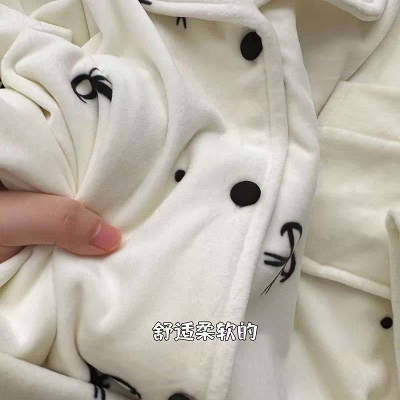 韩版简约风蝴蝶结睡衣女冬季保暖网红款德绒套装美少女外出家居服|undefined