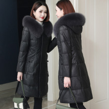 海宁皮衣真皮羽绒服女中长款大码连帽狐狸毛领2024新款绵羊皮外套