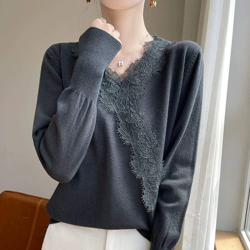 Сексуальная кружевная кофта с длинным рукавом, водолаз knitted thermal underwear demi-season, V-образный вырез, корейский стиль, облегающая, западный стиль