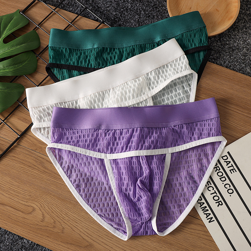 Cross-Border Men's Triangle Lace Underwear Ice Silk Youth Mid-Waist Briefs Men's Transparent Flirting Adult Briefs