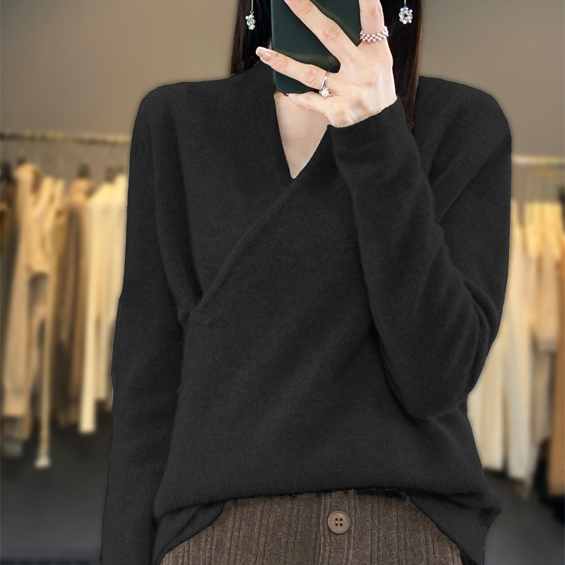 2025新款100%纯羊毛交叉领气质休闲时尚羊毛针织衫女宽松外搭上衣|undefined