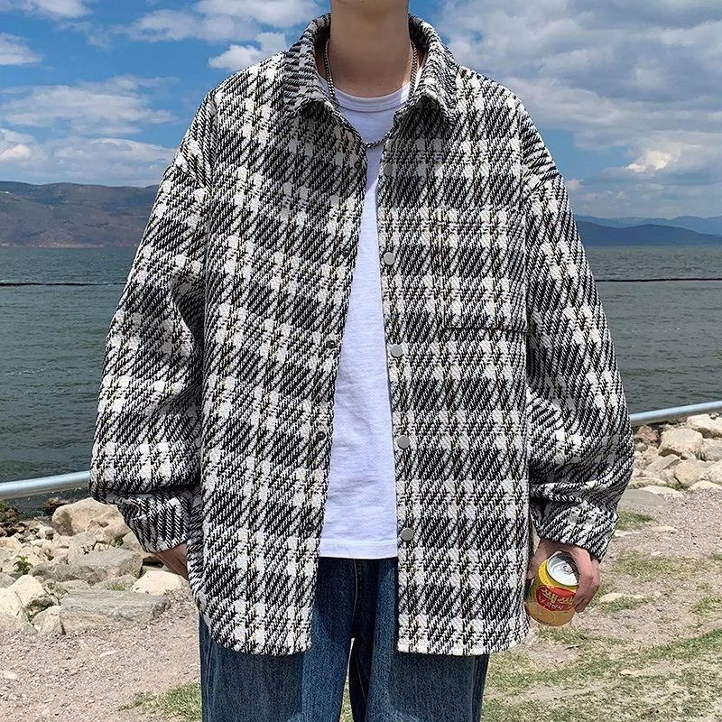 Spring and Autumn men's Chanel style coat versatile high-grade Plaid trendy trendy brand shirt lapel ruffle handsome loose jacket