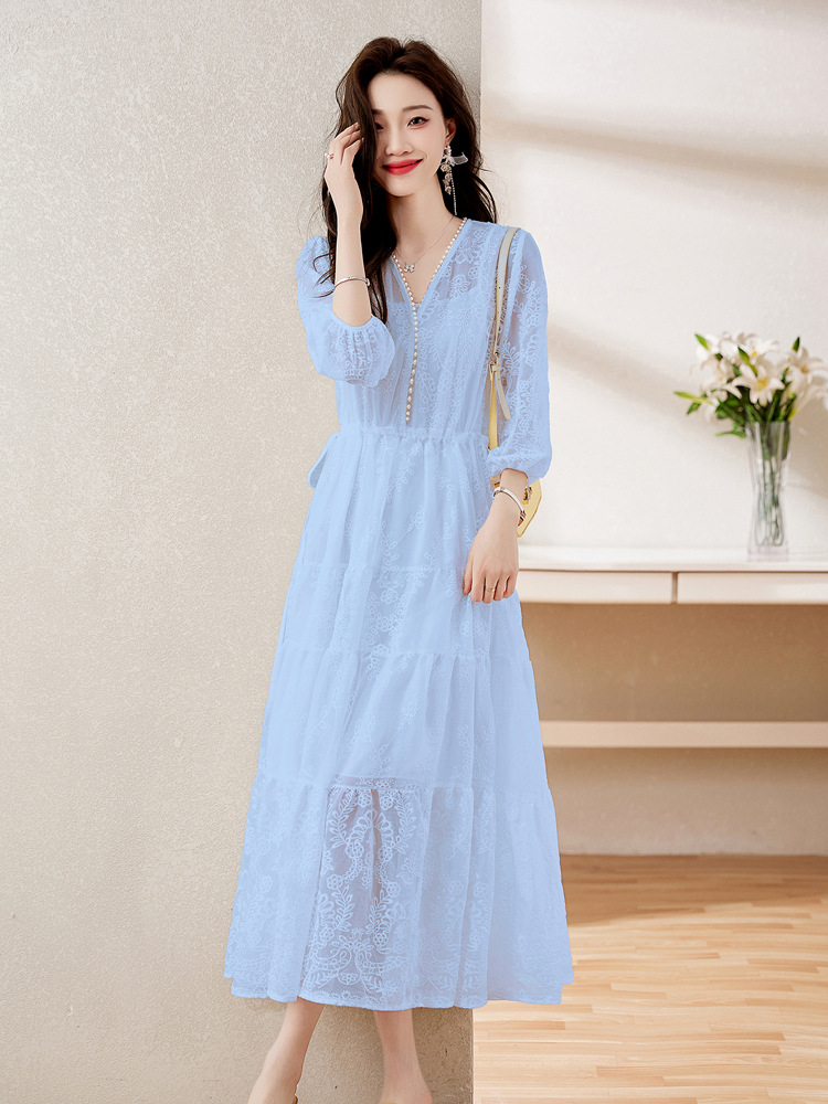Đầm maxi nữ cổ V thắt eo dáng dài thanh lịch NY1608 — xanh lam, màu tím, màu vàng