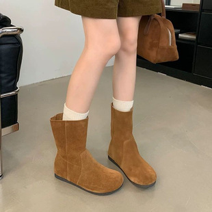 Korean Style Retro Short Boots Autumn 2024 New Frosted Cowhide Flat Round Toe Slimming All-match Sheepskin Pad Martin Boots