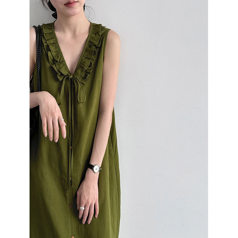 Ns Ruffled V-Neck Sleeveless Tank Dress for Women 26 Summer New Drawstring Commuter Straight Dress 5222
