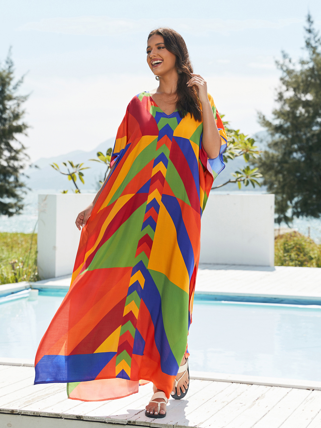 Rochie de plajă lungă kimono dama boho viscoză tie-dye_voghion.com