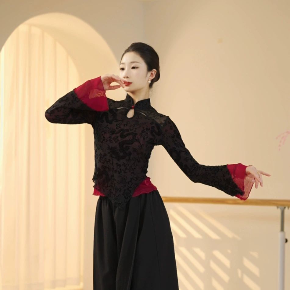 Классическая танцевальная одежда, элегантная танцевальная одежда из тюля, топы, чонсам, женская облегающая одежда для тренировок в китайском стиле с длинными рукавами