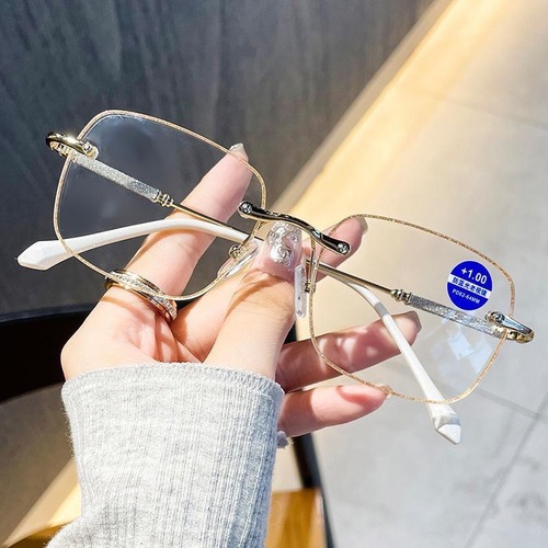 Fashionable Women's Anti-Blue Light Reading Glasses High-Grade Elderly High Definition Ultra-Light Metal Diamond-Edge Rimless Glasses