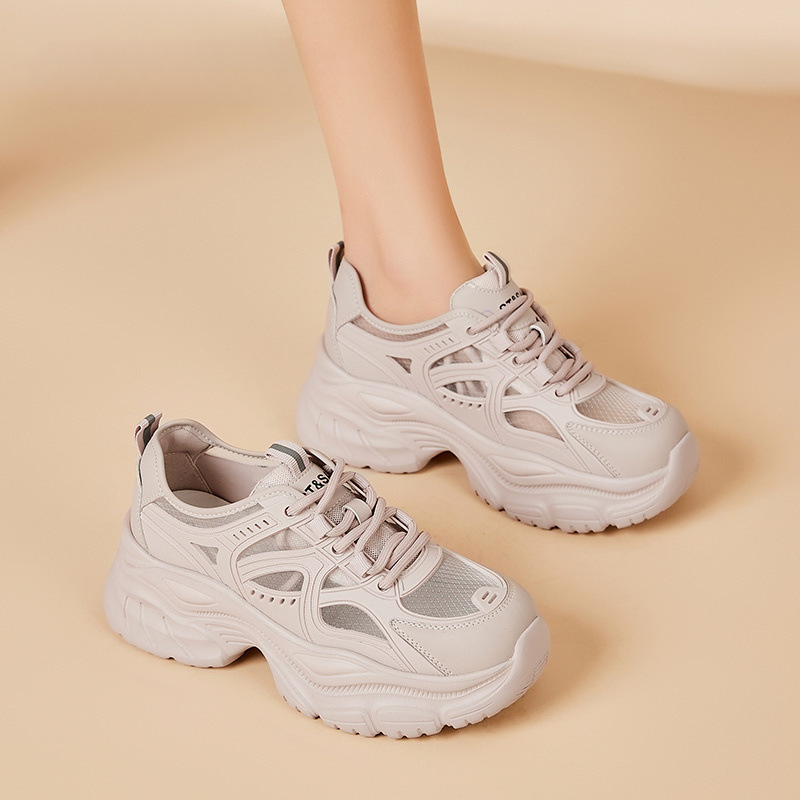 Giày sneaker nữ chunky đế dày lưới thoáng khí họa tiết rỗng mùa hè 2025 — SSD1112E4Q màu trắng nhạt, SSD1112E4Q màu hồng