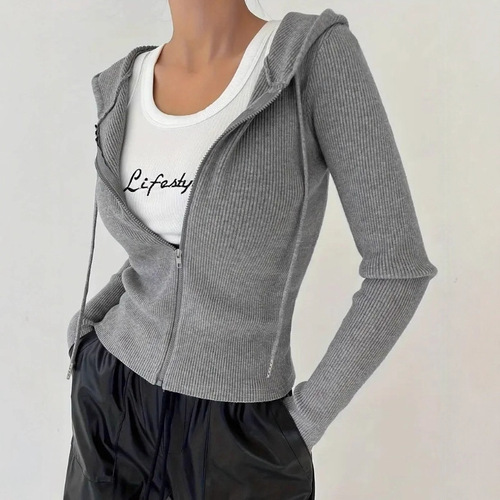 2026 spring cross-border European and American women's pure color elegant figure-flattering hooded zipper outer fashionable casual women's top