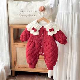婴儿连体衣冬装棉服0-1岁女宝宝加绒加厚棉袄新生儿拜年服爬爬服2