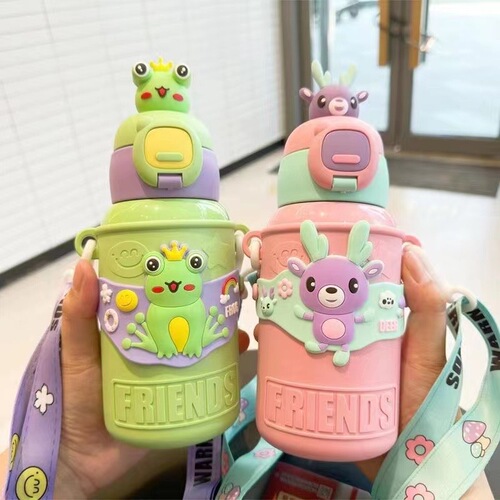 New Arrival 316 Stainless Steel Food-Grade Water Bottle: Cute Cartoon Design, High-Quality Appearance, Portable with Adjustable Strap and Built-in Straw—Perfect for Kids!