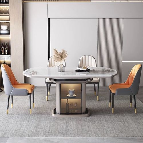 Luxury stone table, folding round dining table, extendable solid wood storage dining table and chairs for small apartments, induction cooker 