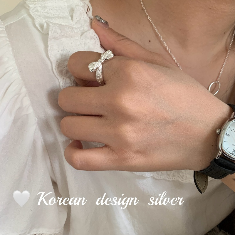 韓國ins博主同款高級設計飾品 S925純銀肌理感蝴蝶結交叉開口戒指