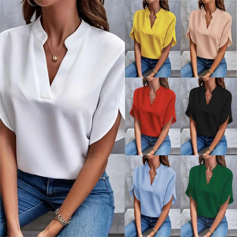 Amazon Europe and America Cross-border Foreign Trade Women's 2025 Summer Casual Solid Color V-neck Loose Shirt Top Women