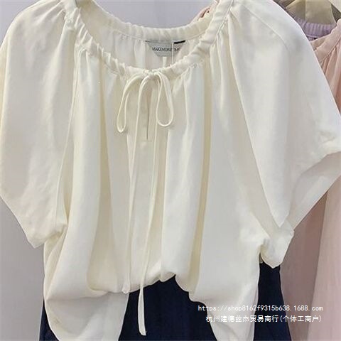 Tencel raglan sleeve tie-up doll shirt for women, new summer style, round neck pullover, cute loose short-sleeve shirt Tencel raglan sleeve tie-up doll shirt for women, new summer style, round neck pullover, cute loose short-sleeve shirt