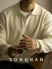SONGNAN Autumn and Winter V-neck Sweater Pullover Sweater Yarn-dyed Lapel Men's POLO Shirt Long Sleeve Heavy Light Mature Style