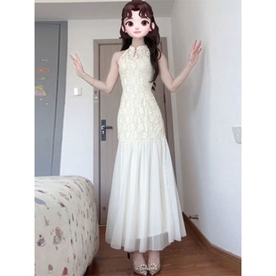 New Chinese Style White Jacquard Improved Cheongsam Dress Cool Mesh Waist-Cinching Elegant Long Skirt for Women Summer