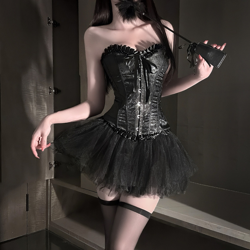 Dark Gothic Sexy Black Swan Jacquard Waist-Cinching Slimming Corset Princess Puffy Skirt Birthday Party Dress Set