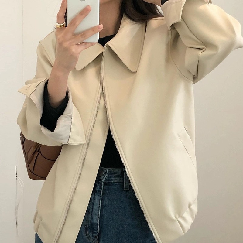 韩国chic秋翻领拉链开衫上衣设计宽松休闲长袖机车服仿皮衣外套女