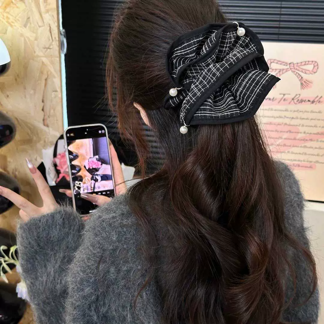 韩版小香风珍珠黑白格纹大肠发圈女头饰头绳复古褶皱头花发绳发饰